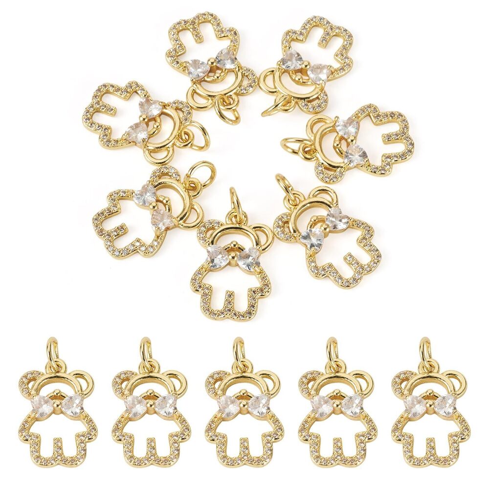 3058 10Pcs Bear Charms with Rhinestone Bowknot, 18K Gold Plated Brass Cubic